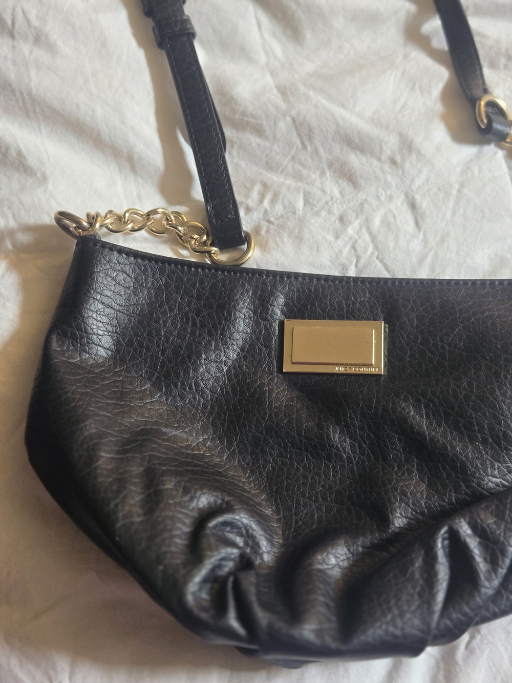 Juicy Couture Small Crossbody, Black Leather Shoulder Bag with Gold Hardware